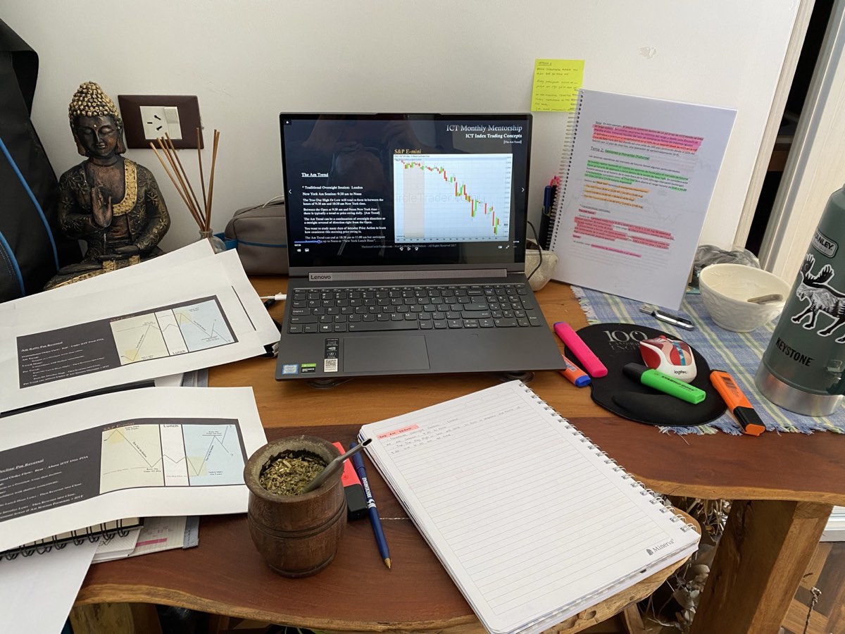 Escritorio con una laptop mostrando gráficos de trading y anotaciones